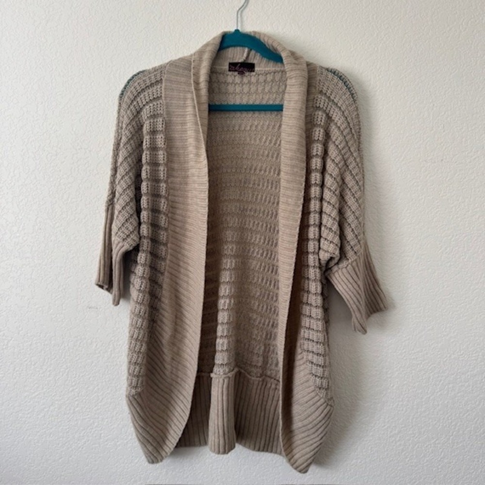 Women Casual Beige Knit Open Front Cardigan Sweater 3/4 Sleeve